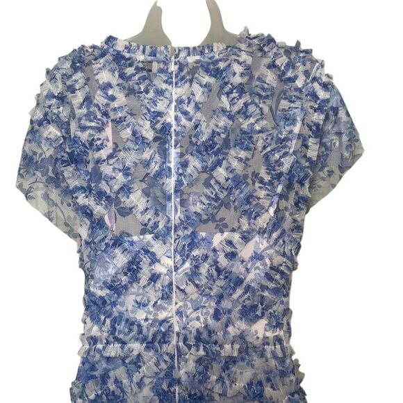 Mac Duggal 8009 Blue White Floral Chiffon Ruffle Gown Size 18 NWT - Picture 6 of 7